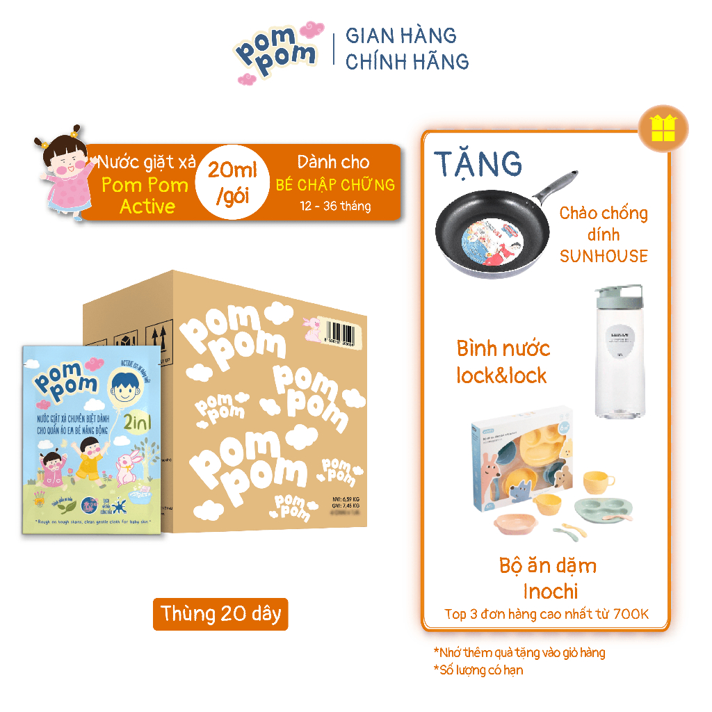 Thùng 20 Dây 12 Gói 20ml Nước Giặt Cho Bé Từ 1 Tuổi Pom Pom Active Sạch Vết Bẩn Khử Mồ Hôi