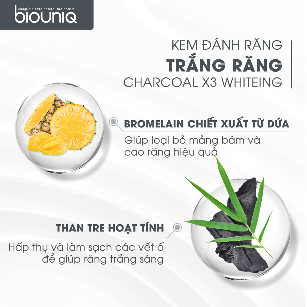 [MUA 1 TẶNG 1]  Kem Đánh Răng Làm Trắng Răng BIOUNIQ Charcoal  Nano Than Hoạt Tính Làm Trắng Tới 2 Tone Sau 4 Tuần 100G