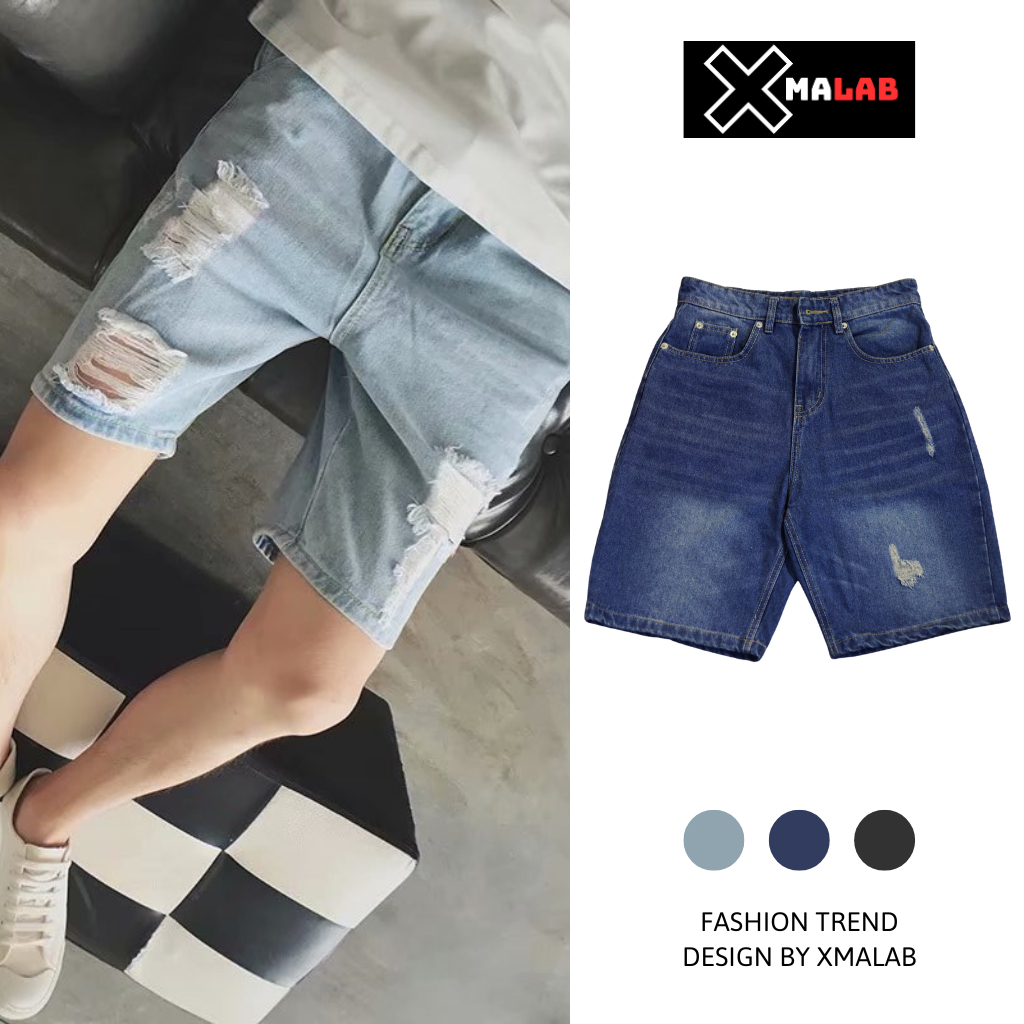 Quần đùi jean nam XMALAB dáng lửng rách chất bò mềm mịn, không phai màu 3 kiểu dễ mặc cao cấp phong cách Hàn Quốc B020