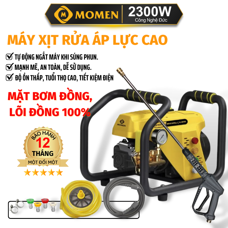 Máy rửa xe công nghiệp MO2300pre lõi, mặt bơm toàn đồng, áp lực cao, có núm điều chỉnh áp 2300W, dây cao áp 12m