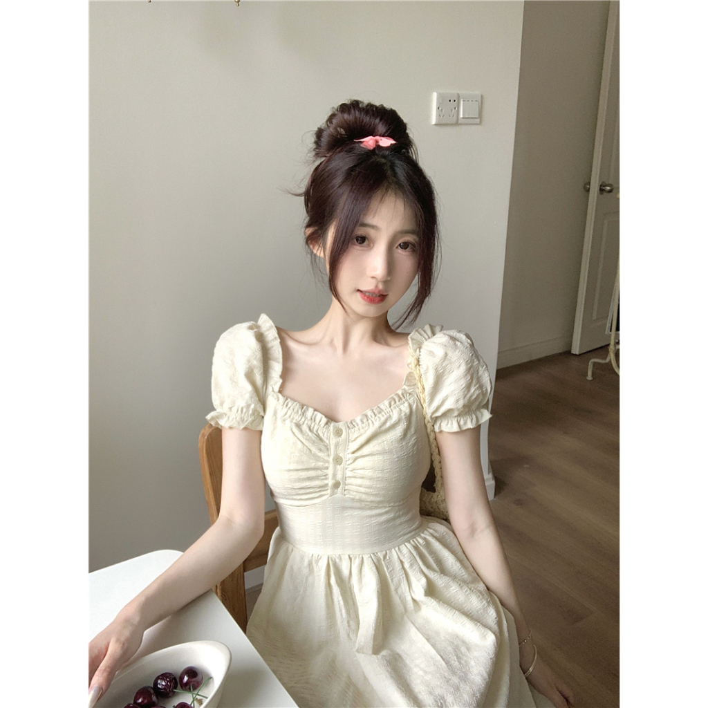 Đầm maxi tay ngắn phồng cổ vuông, váy maxi nữ dáng dài eo cao thời trang retro phong cách Pháp 1223