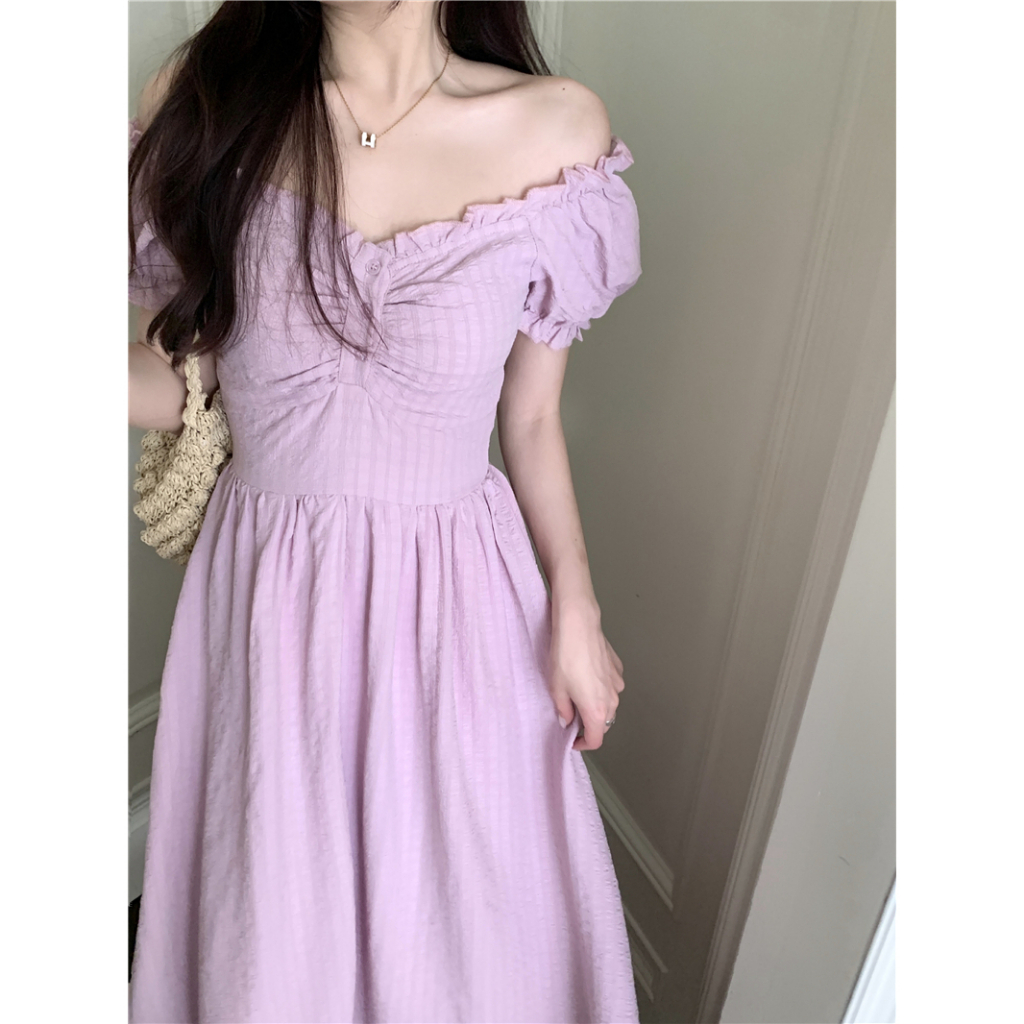 Đầm maxi tay ngắn phồng cổ vuông, váy maxi nữ dáng dài eo cao thời trang retro phong cách Pháp 1223