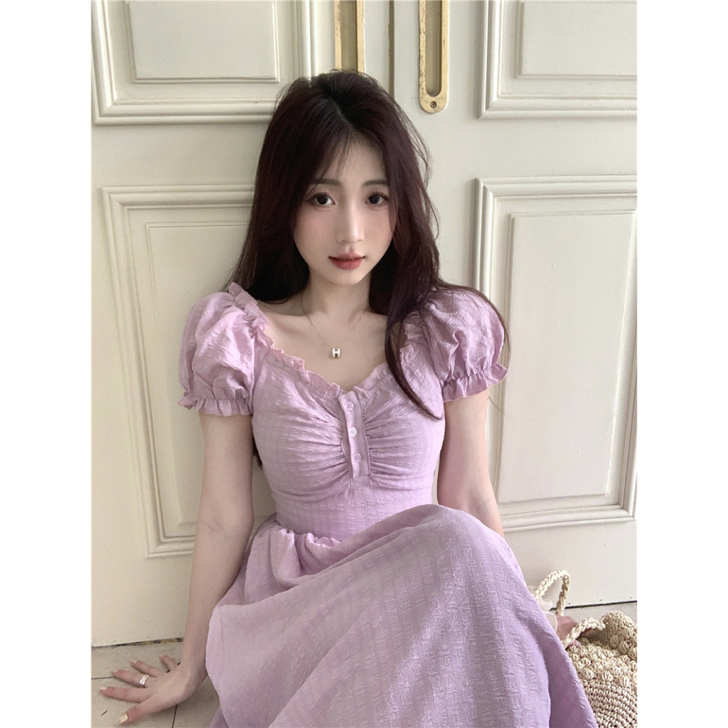 Đầm maxi tay ngắn phồng cổ vuông, váy maxi nữ dáng dài eo cao thời trang retro phong cách Pháp 1223