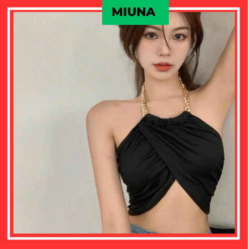 Áo croptop sát nách Miuna hở lưng phối dây xích, Áo cổ yếm đen phong cách gợi cảm