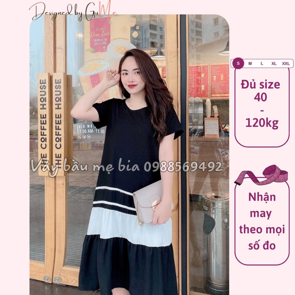 Váy bầu bigsize -Đầm bầu thiết kế GuMe màu đen đuôi cá 3 tầng phối trắng nhẹ nhàng chất vải sạn lụa sz từ 40-100kg MB63