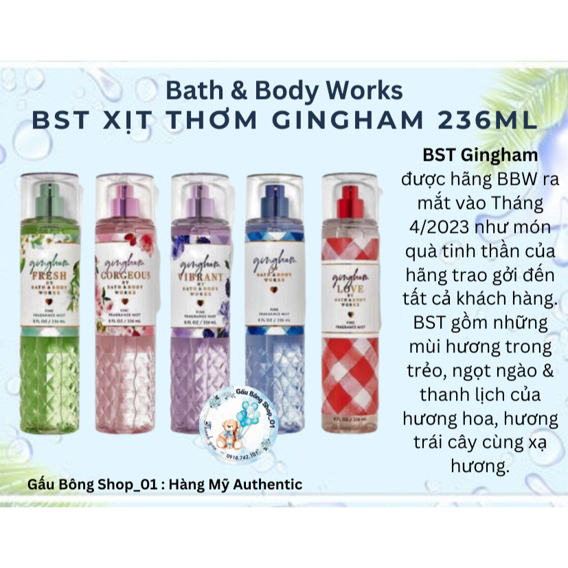 [Auth] XỊt Thơm Bath And Body Works Gingham, Gingham Gorgeous, Gingham Vibrant, Gingham Fresh 236ml