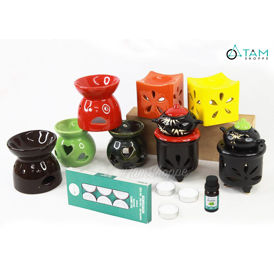 [TẶNG TD] Combo 1 đèn đốt tinh dầu ấm trà + 2 nến+ 1 tinh dầu 10ml