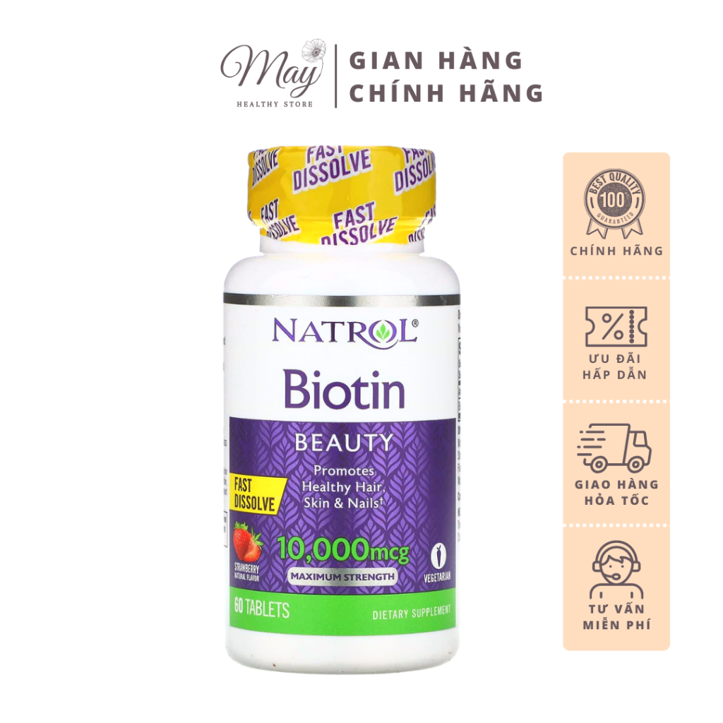 Viên Ngậm Natrol Biotin 10.000 mcg Mọc Tóc Và Móng, Giảm Gãy Rụng (Lọ 60 Viên)