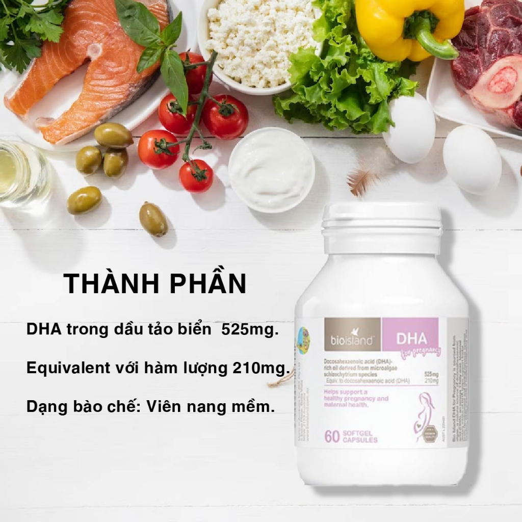Viên uống bổ sung DHA bầu Bioisland For Pregnancy 60v giúp phát triển toàn diện trí não, sức khỏe thai nhi