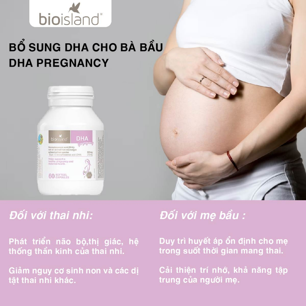 Viên uống bổ sung DHA bầu Bioisland For Pregnancy 60v giúp phát triển toàn diện trí não, sức khỏe thai nhi