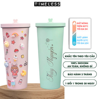 Bình giữ nhiệt Pastel khắc tên, bình nước cao cấp 830ml inox 304, tặng sticker, ống hút trân châu, nút bịt
