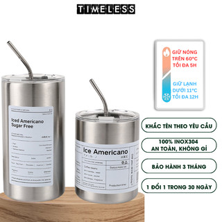 Ly giữ nhiệt Iced Americano khắc tên, bình nước cao cấp 600ml inox 304, tặng sticker, ống hút inox