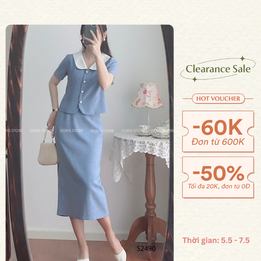 Set thiết kế Doris áo sơ mi dáng ngắn phối chân váy bút chì xẻ tà sau S2490