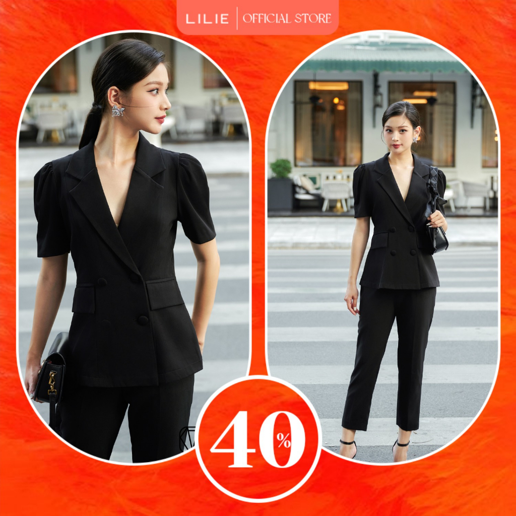 Set Blazer 4 cúc bọc cộc tay đen và quần baggy đen