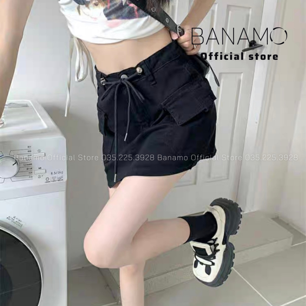 Chân váy nữ Banamo Fahashion váy jeans chữ A túi hộp phối dây rút 5613