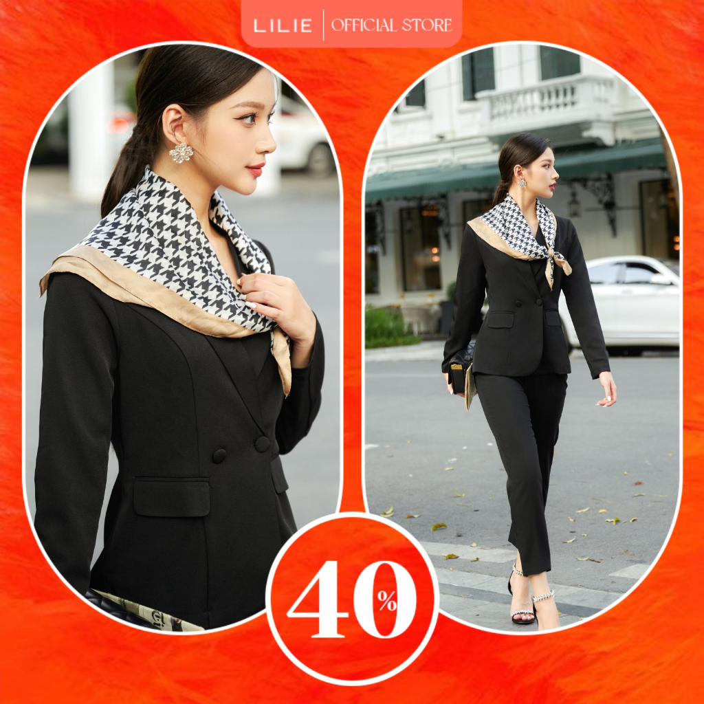 Set Blazer 2 cúc dáng ngắn đen và quần baggy đen
