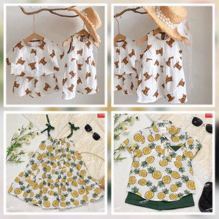 9353 Set đồ đôi bé trai bé gái, váy hoạ tiết dứa, sơ mi nam thô đũi mềm mát, áo đầm trẻ em 9352-SP002333-SP002332