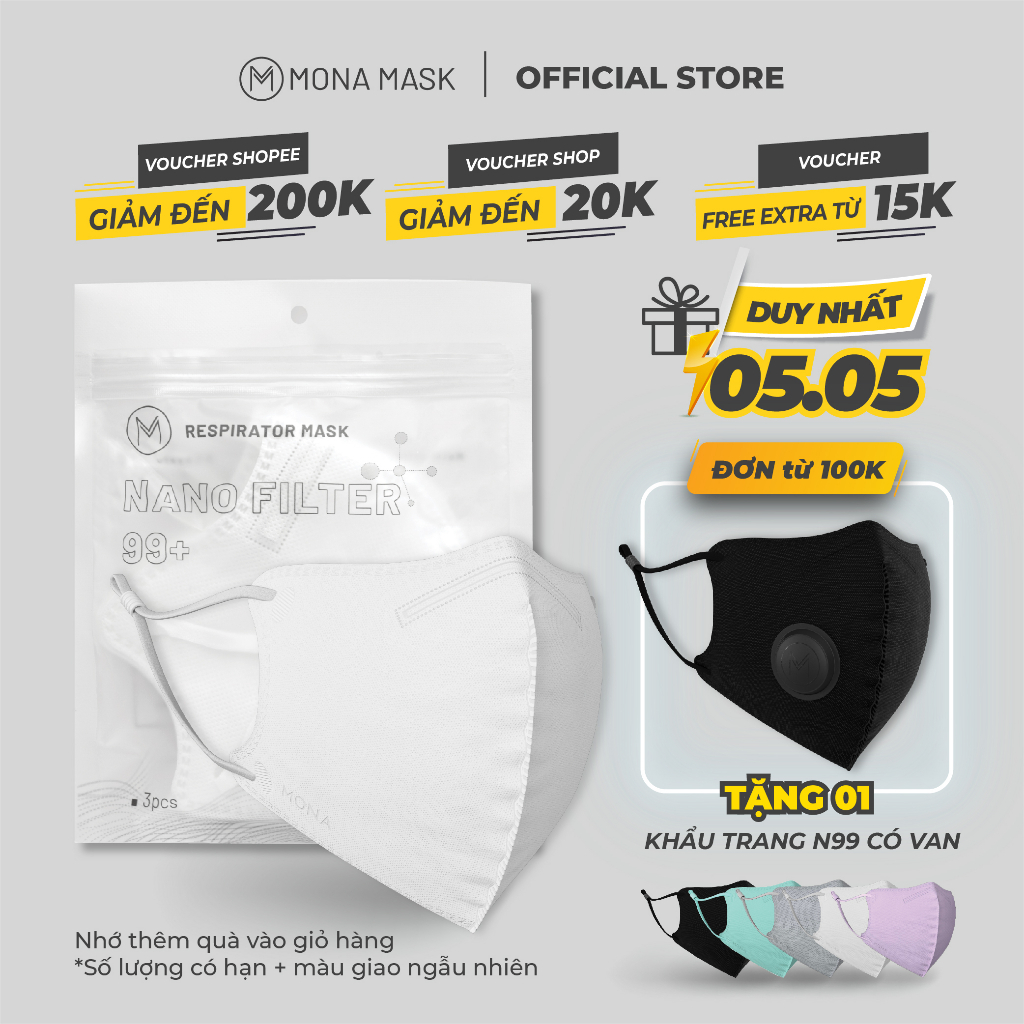 (MÃ MONA10 Giảm 15k )-Combo 3 Chiếc Khẩu Trang bảo hộ Mona Mask tiêu chuẩn N99 công nghệ nano EPTFE lọc hơn 99% Pm0.3