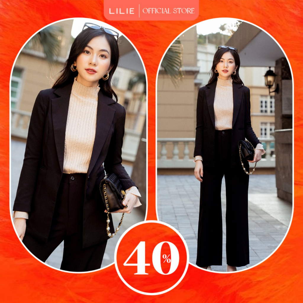 Áo Blazer 1 cúc dáng dài đen và quần sớ đen