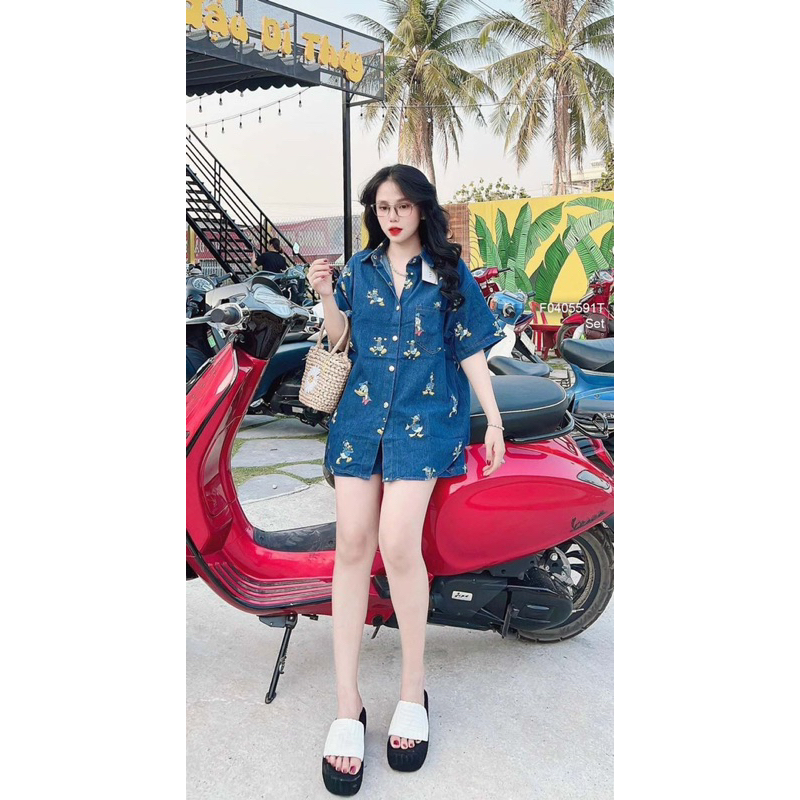 Set jean hoạ tiết gấu áo hai nắp túi kèm quần [ Kèm hình thật]