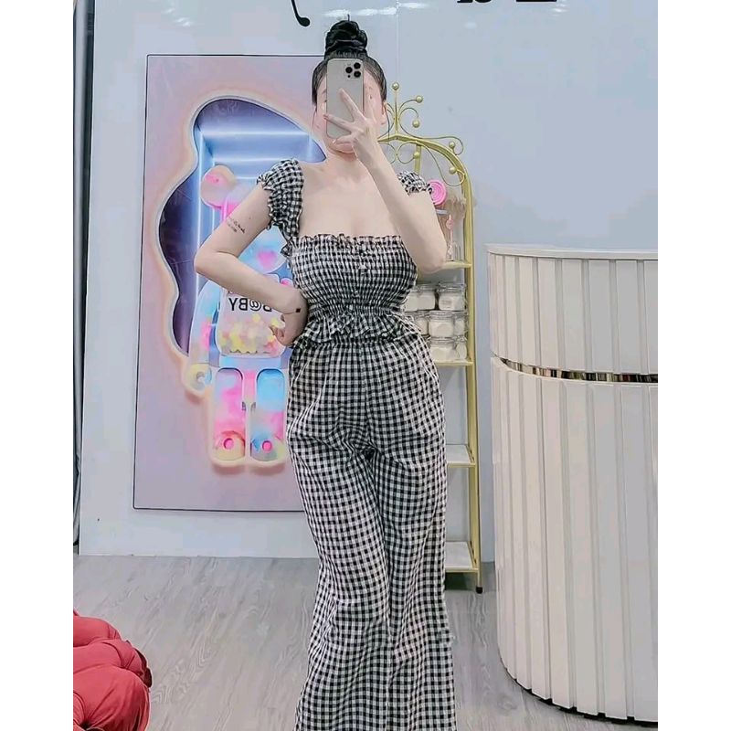 Set caro 2 món hot girl, hot trend đi cà phê, đi dạo phố gồm áo ống bẹt vai và quần dài