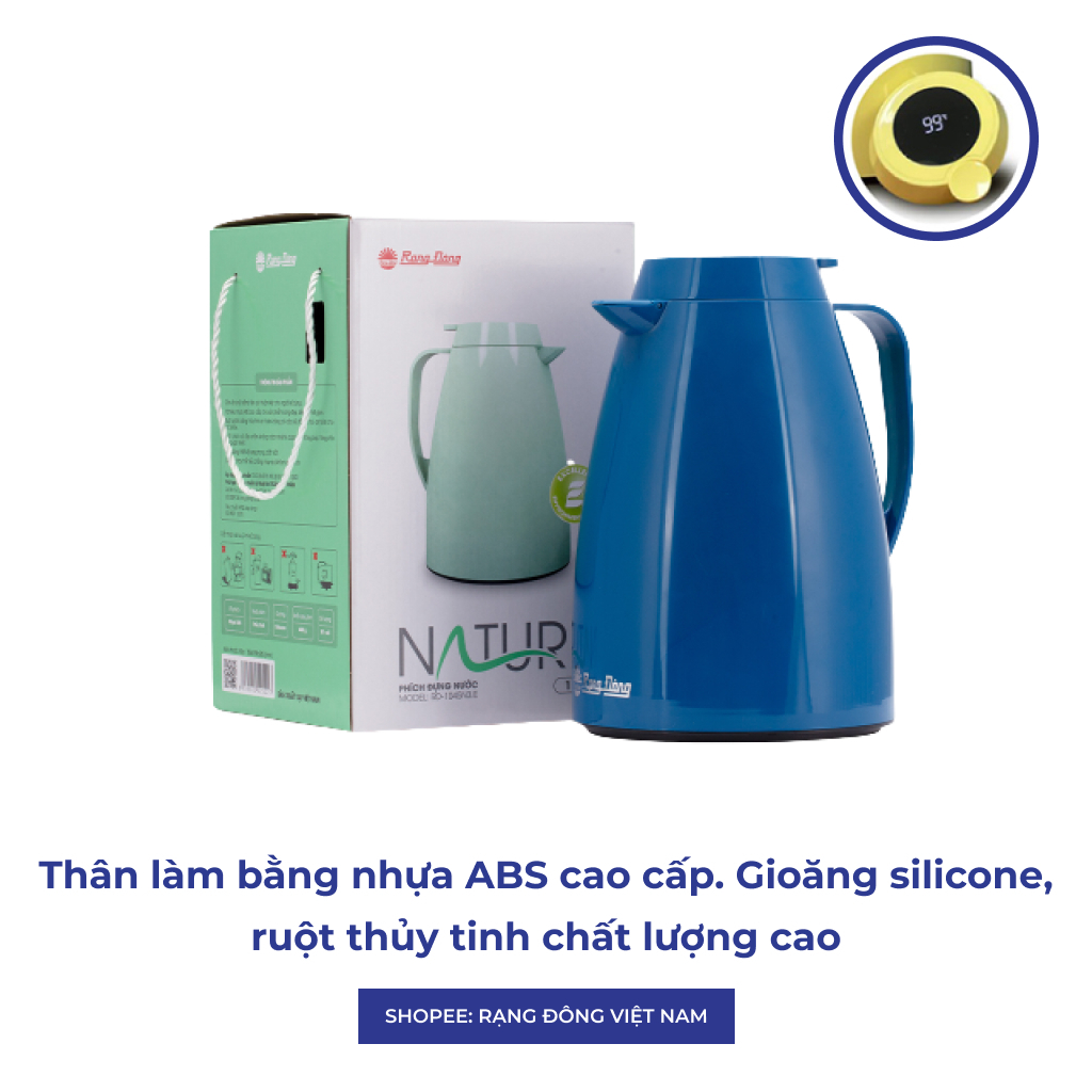 Phích hiển thị nhiệt độ thông minh Rạng Đông 1,5 lit, bình thuỷ giữ nhiệt đựng nước nóng RD-1542 N4.E
