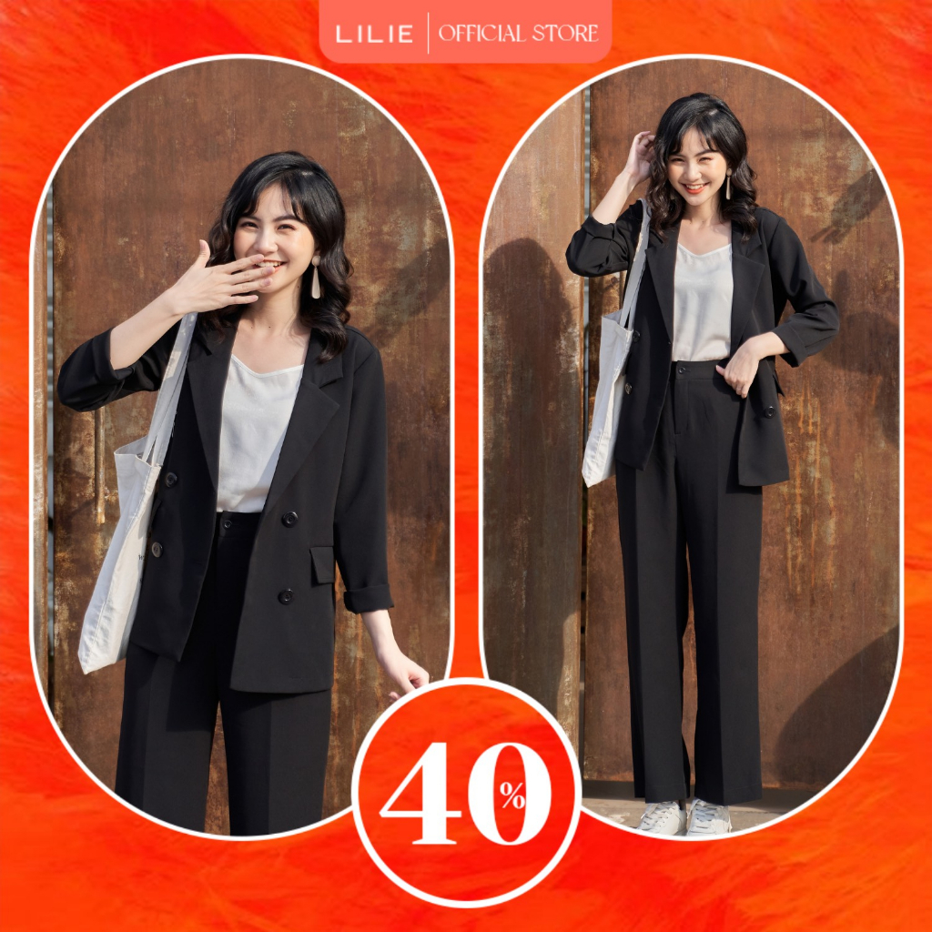 Set Blazer 4 cúc dáng ngắn đen và quần sớ đen trẻ trung năng động