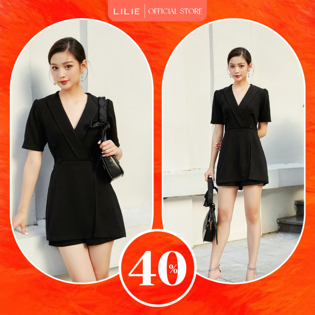 Áo Blazer 4 cúc cộc tay xẻ tà đen và quần đùi khoá sau đen
