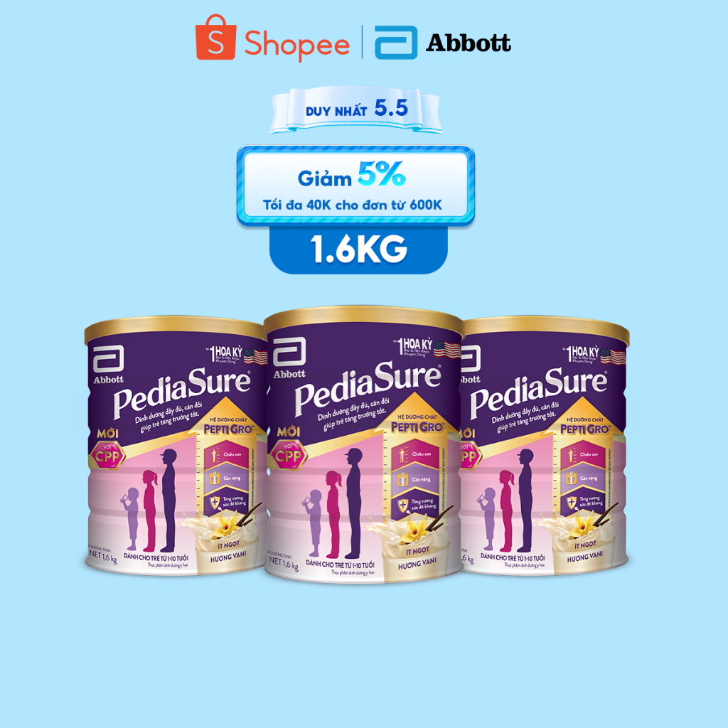 Bộ 3 Sữa bột Pediasure 1.6kg hương vani/lon