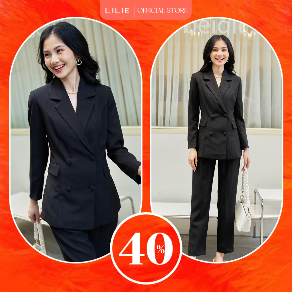Blazer 4 cúc chiết eo đen và quần âu xếp li trước