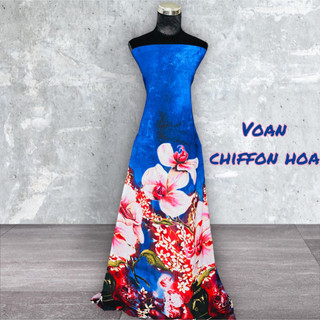 Vải voan chiffon hoa chân nền xanh MS2320