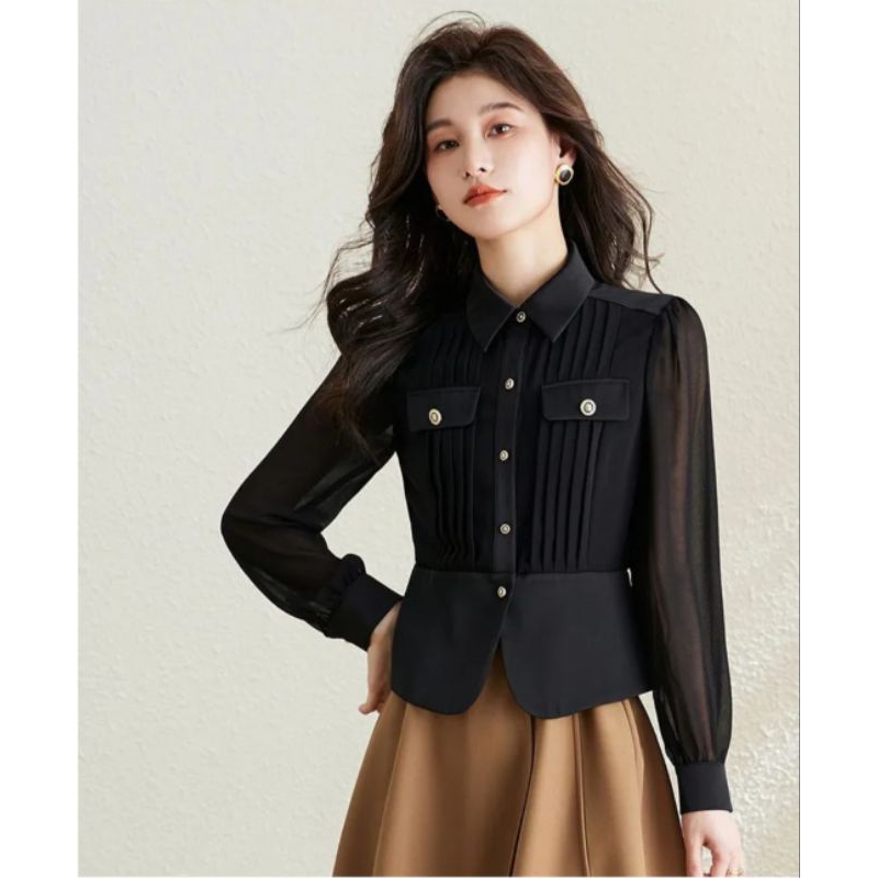 Aó Sơ Mi Công Sở Dài Tay Kiểu Dáng PEPLUM Ôm Chất Liệu Lụa Phối Tơ