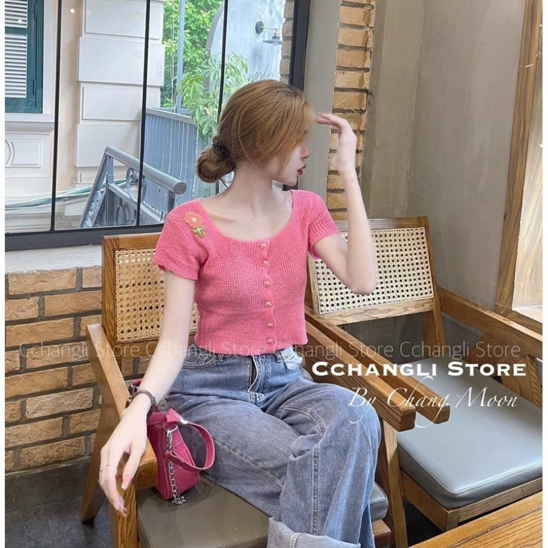 Áo Len Ngắn Tay Dáng Croptop Thêu Hoa Cực Xinh PN10