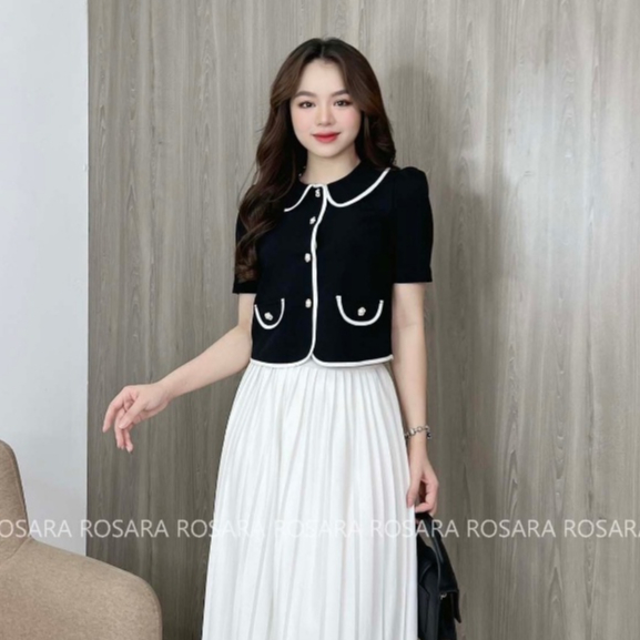 Áo Sơ Mi Đen Ngắn Tay Dáng Lửng Phối Cổ Sen Viền Trắng Thời Trang Rosara SM103