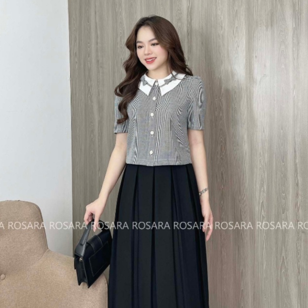 Áo Sơ Mi Ngắn Tay Họa Tiết Kẻ Caro Trắng Đen Thời Trang Nữ Rosara SM104