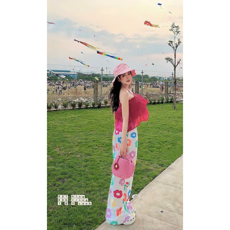 [5,5 Sales Freeship] Set bộ áo 2 dây bèo tầng mix quần dài ống rộng in hoa,set quần suông áo bèo tiểu thư đi biển th