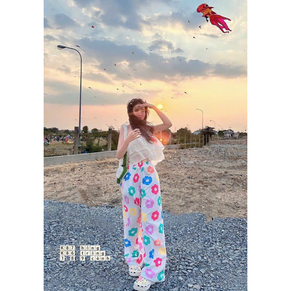 [5,5 Sales Freeship] Set bộ áo 2 dây bèo tầng mix quần dài ống rộng in hoa,set quần suông áo bèo tiểu thư đi biển th