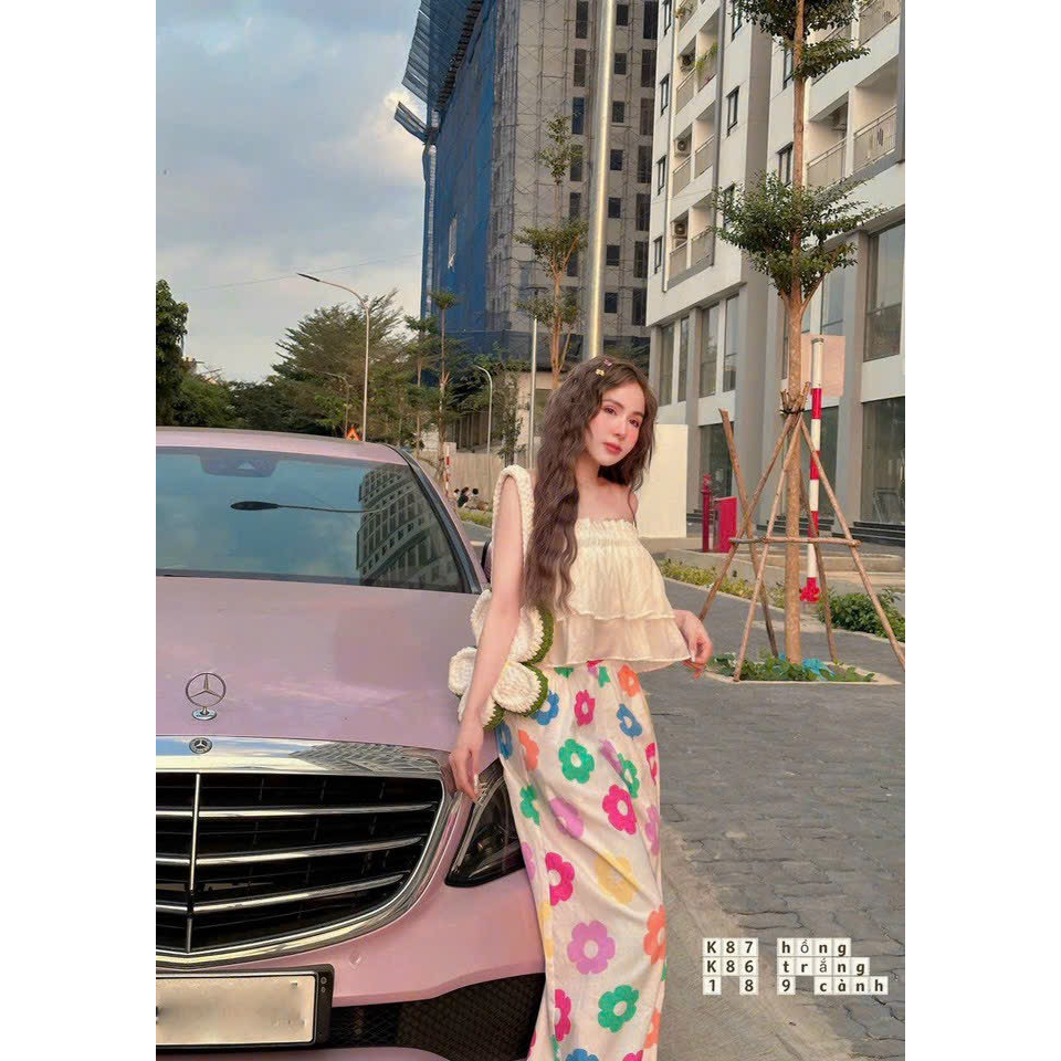 [5,5 Sales Freeship] Set bộ áo 2 dây bèo tầng mix quần dài ống rộng in hoa,set quần suông áo bèo tiểu thư đi biển th