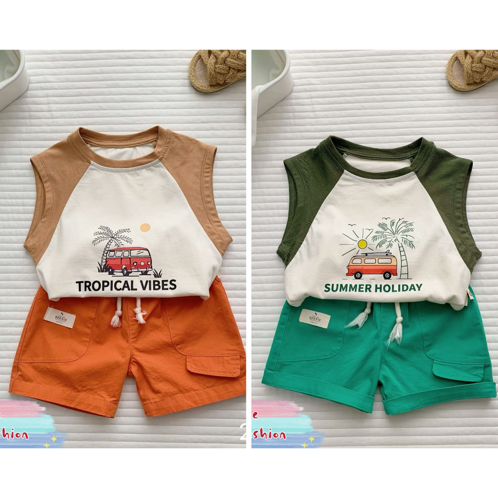 Bộ sát nách in ô tô cây dừa phối quần kaki Bernie cho bé
