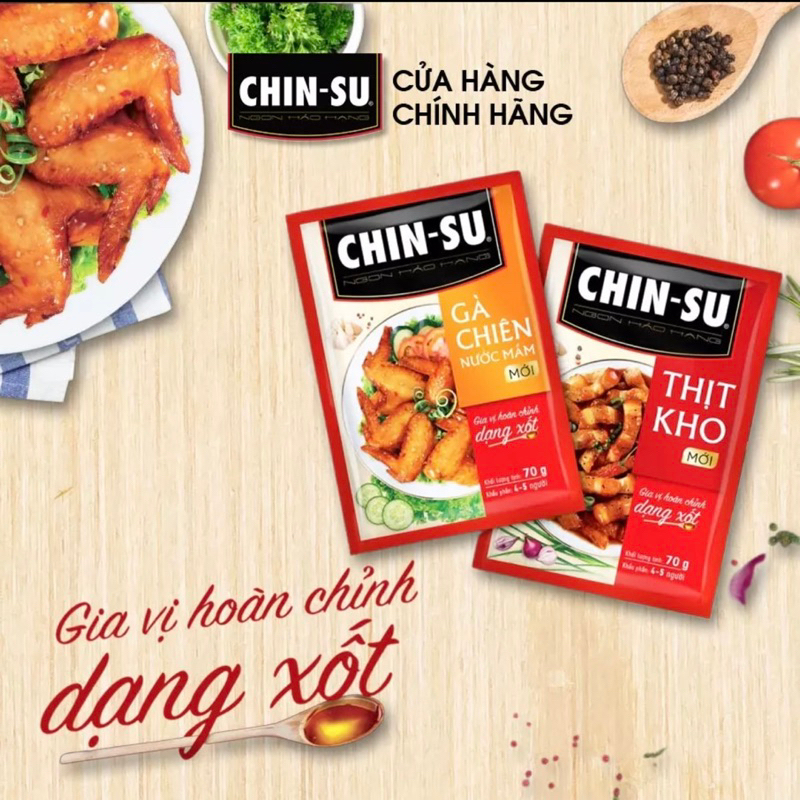 SỐT GIA VỊ HOÀN CHỈNH CHINSU- Sốt Gà Chiên Mắm và Sốt Thịt Kho- gói 70g