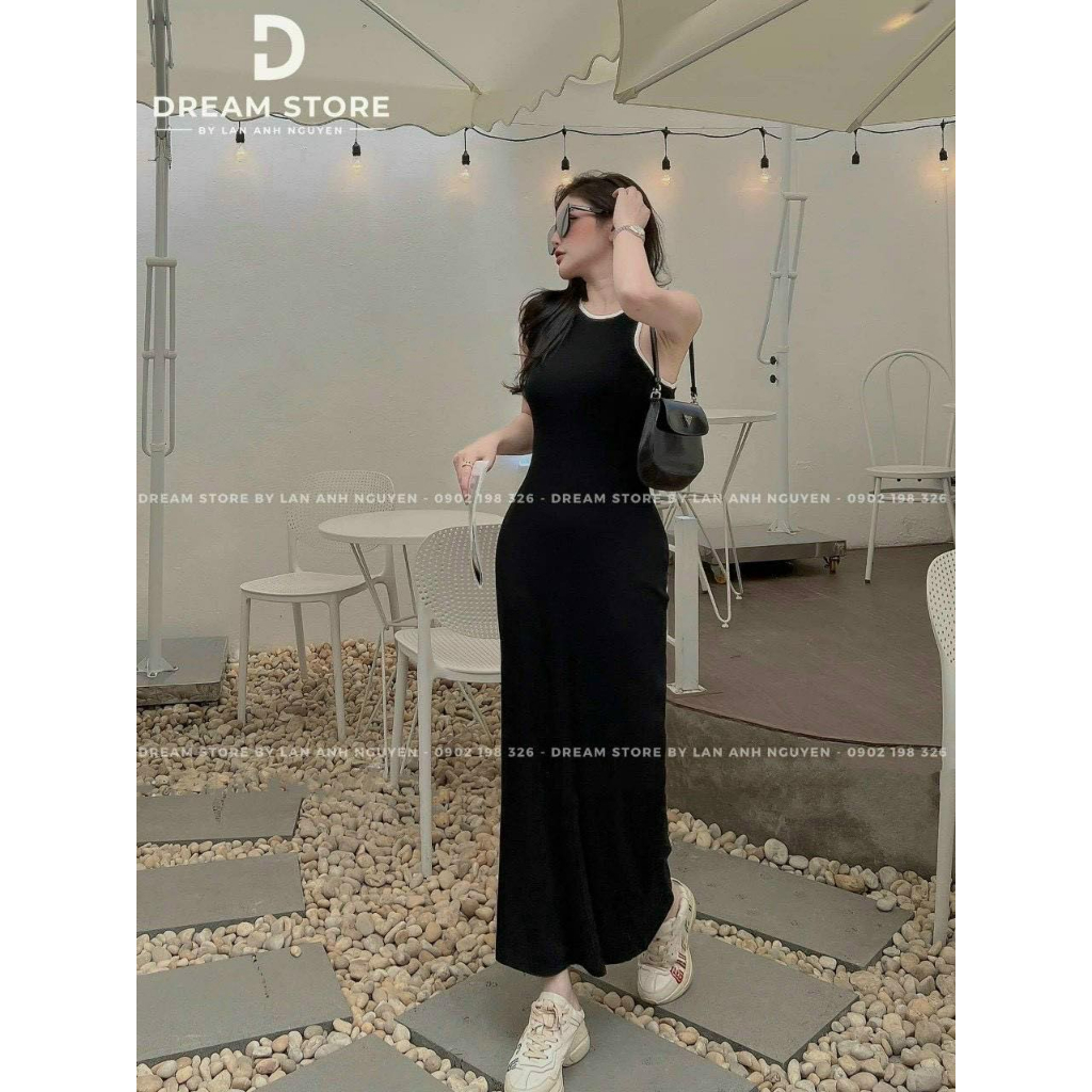 Đầm Body Ba Lỗ Thun Gân Hở Lưng Phối Viền Trắng Siêu Hot 2023 CC128