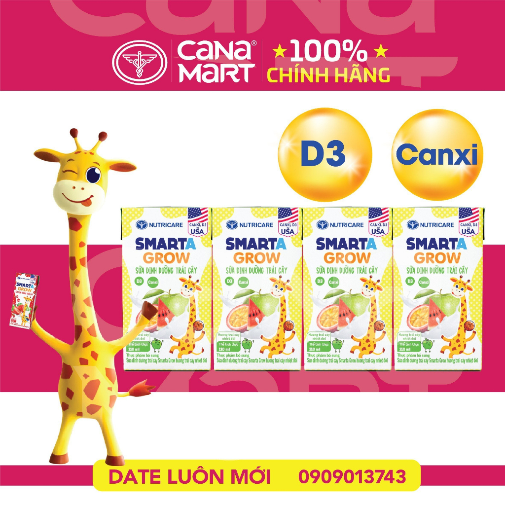 Thùng sữa pha sẵn Nutricare Smarta Grow (vị trái cây nhiệt đới) dinh dưỡng cho trẻ thấp còi 110ml