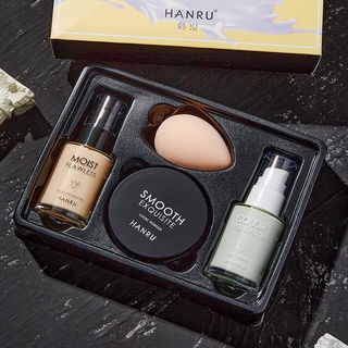 Bộ trang điểm Pretty Makeup Hanru 4 in1 gồm kem lót,kem nền,phấn phủ dạng bột và tặng 1 bông đánh phấn