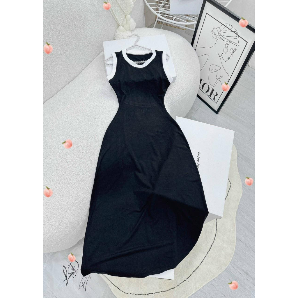 Đầm Body Ba Lỗ Thun Gân Hở Lưng Phối Viền Trắng Siêu Hot 2023 CC128