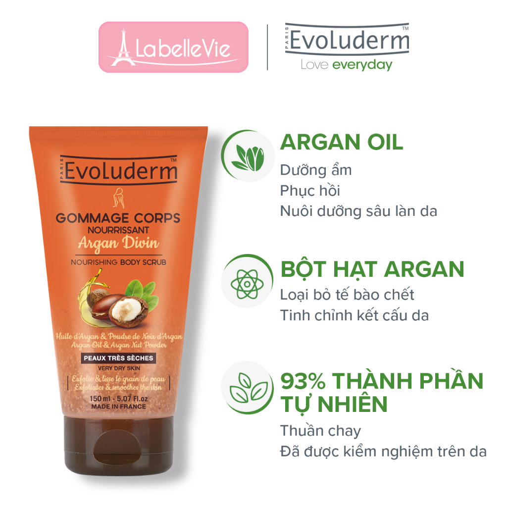 Gel tẩy tế bào chết toàn thân Evoluderm tinh chất Argan dành cho da rất khô - 150ml