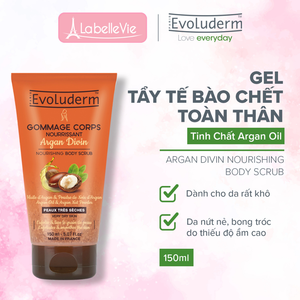 Gel tẩy tế bào chết toàn thân Evoluderm tinh chất Argan dành cho da rất khô - 150ml