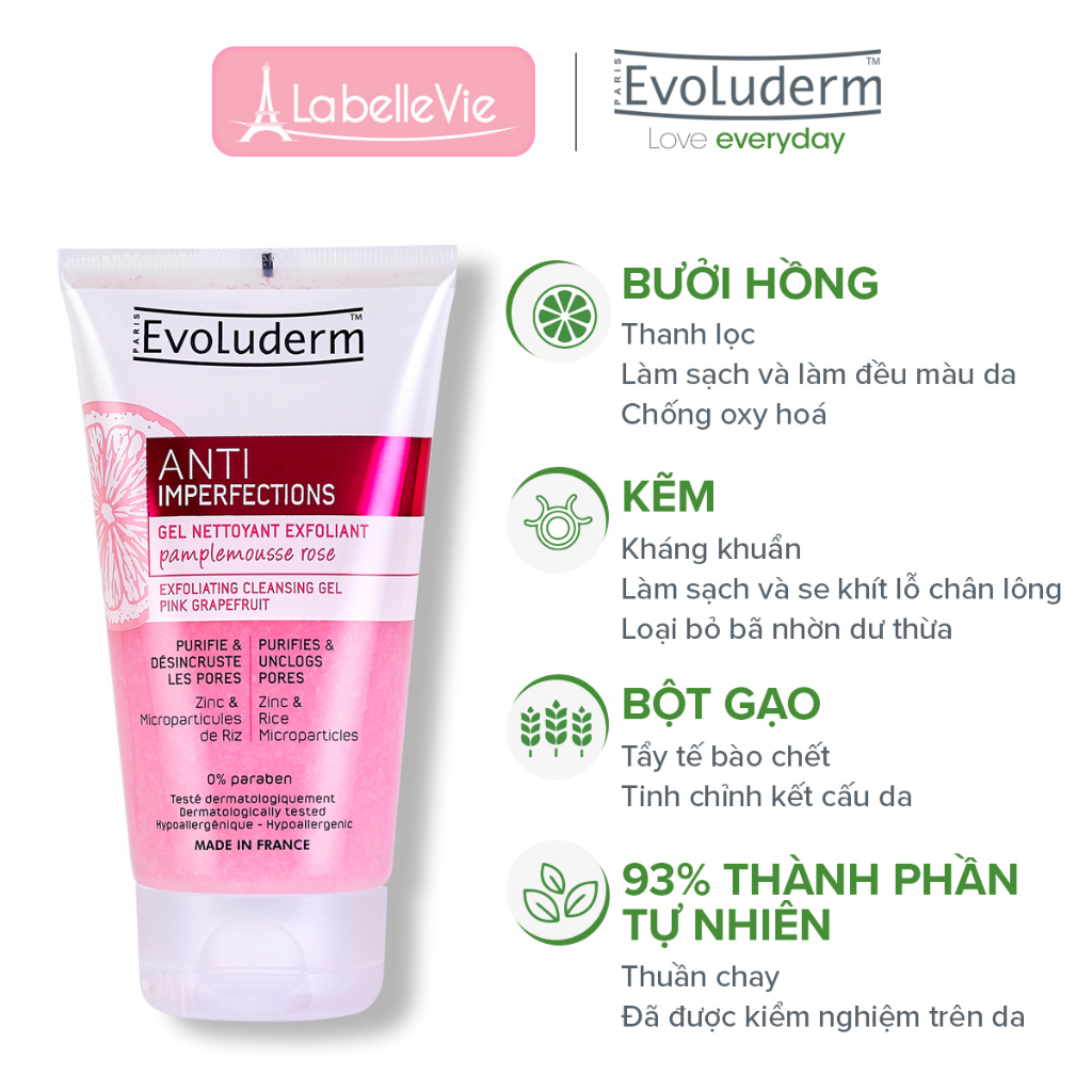 Gel rửa mặt làm sạch sâu, tẩy da chết và giảm mụn chiết xuất Bưởi hồng Evoluderm 150ml (17322)