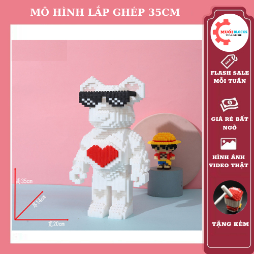 Bộ đồ chơi lắp ghép lego 35cm Mô hình lắp ráp 3D decor trang trí Bearbrick Trắng Đeo Kính cao 35cm - MUỐI BLOCKS