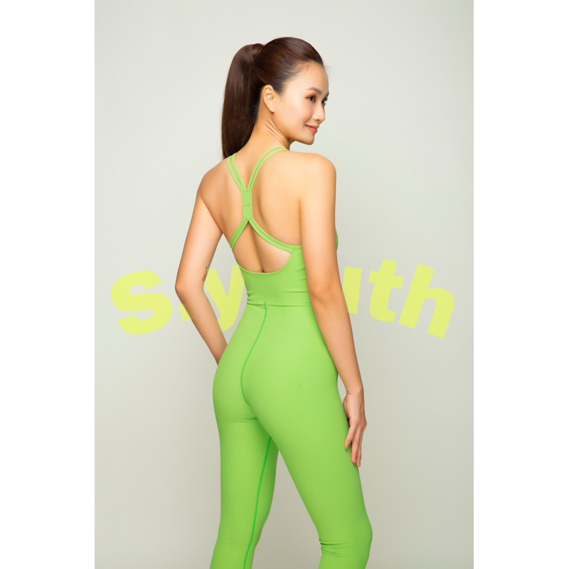 Jumpsuit liền quần thun gân yoga gym thời trang màu xanh lá