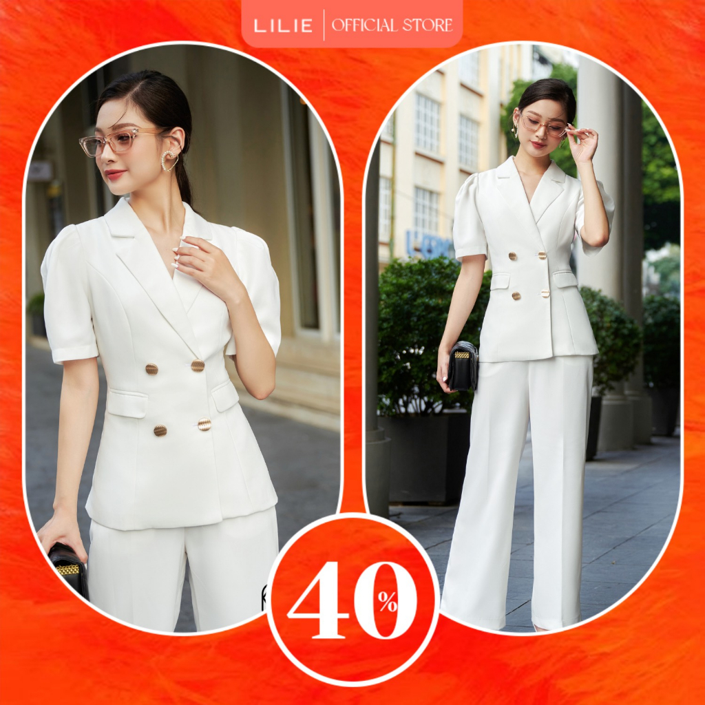 Set Blazer tay ngắn và quần ống đứng trắng
